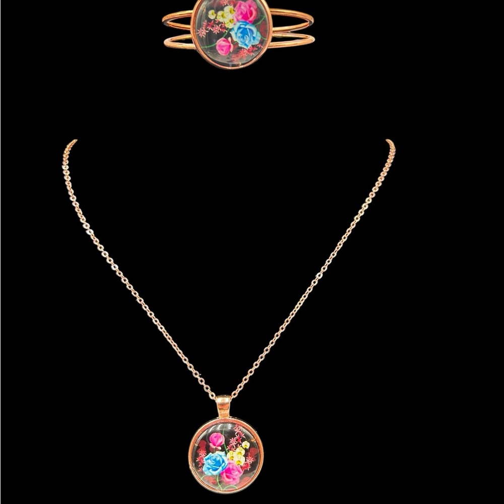 Floral Rose Gold 1 inch  Pendant Necklace and Bracelet Set - Pink & Blue Flowers